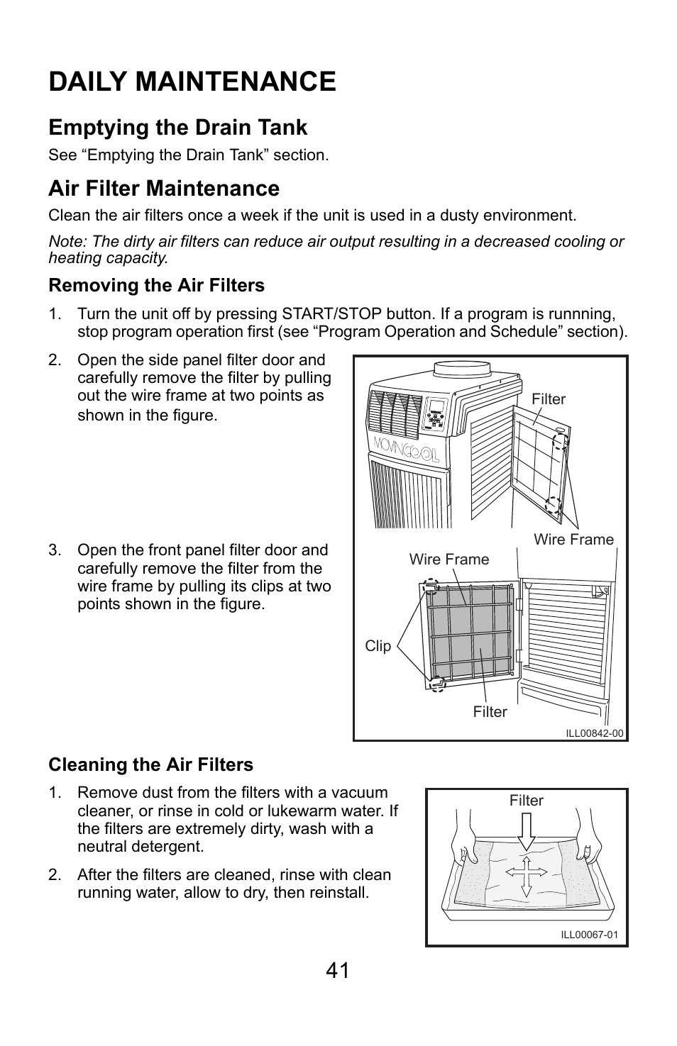 Daily maintenance, Emptying the drain tank, Air filter maintenance | MovinCool Climate Pro 18 User Manual | Page 41 / 52