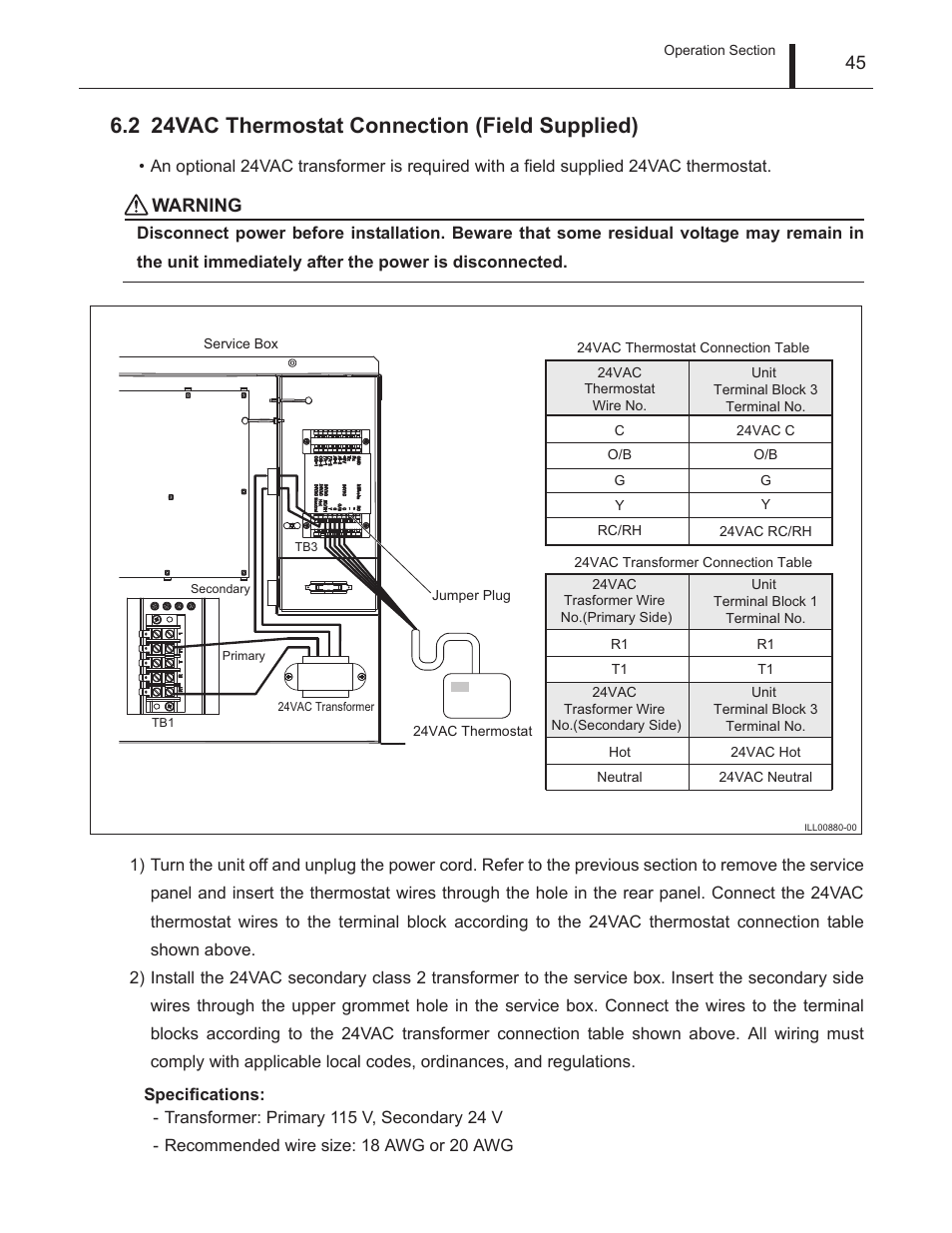2 24vac thermostat connection (field supplied), 24vac thermostat connection (field supplied), Warning | MovinCool Climate Pro 18 Service Manual User Manual | Page 45 / 99