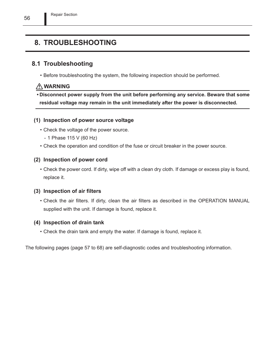 Troubleshooting, 1 troubleshooting, Repair section | MovinCool Climate Pro 18 Service Manual User Manual | Page 56 / 99