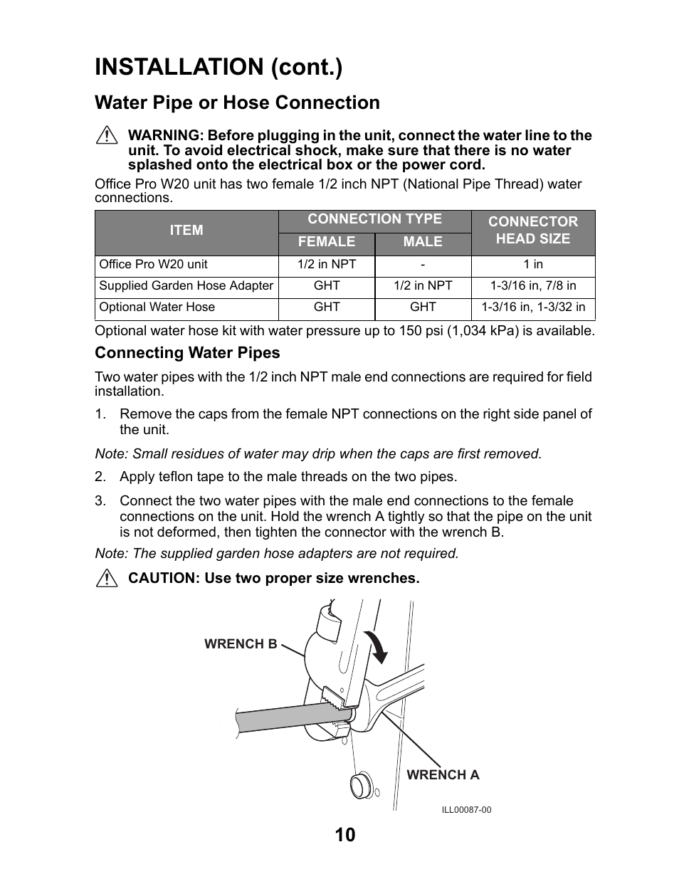 Water pipe or hose connection, Installation (cont.) | MovinCool Office Pro W20 User Manual | Page 10 / 38