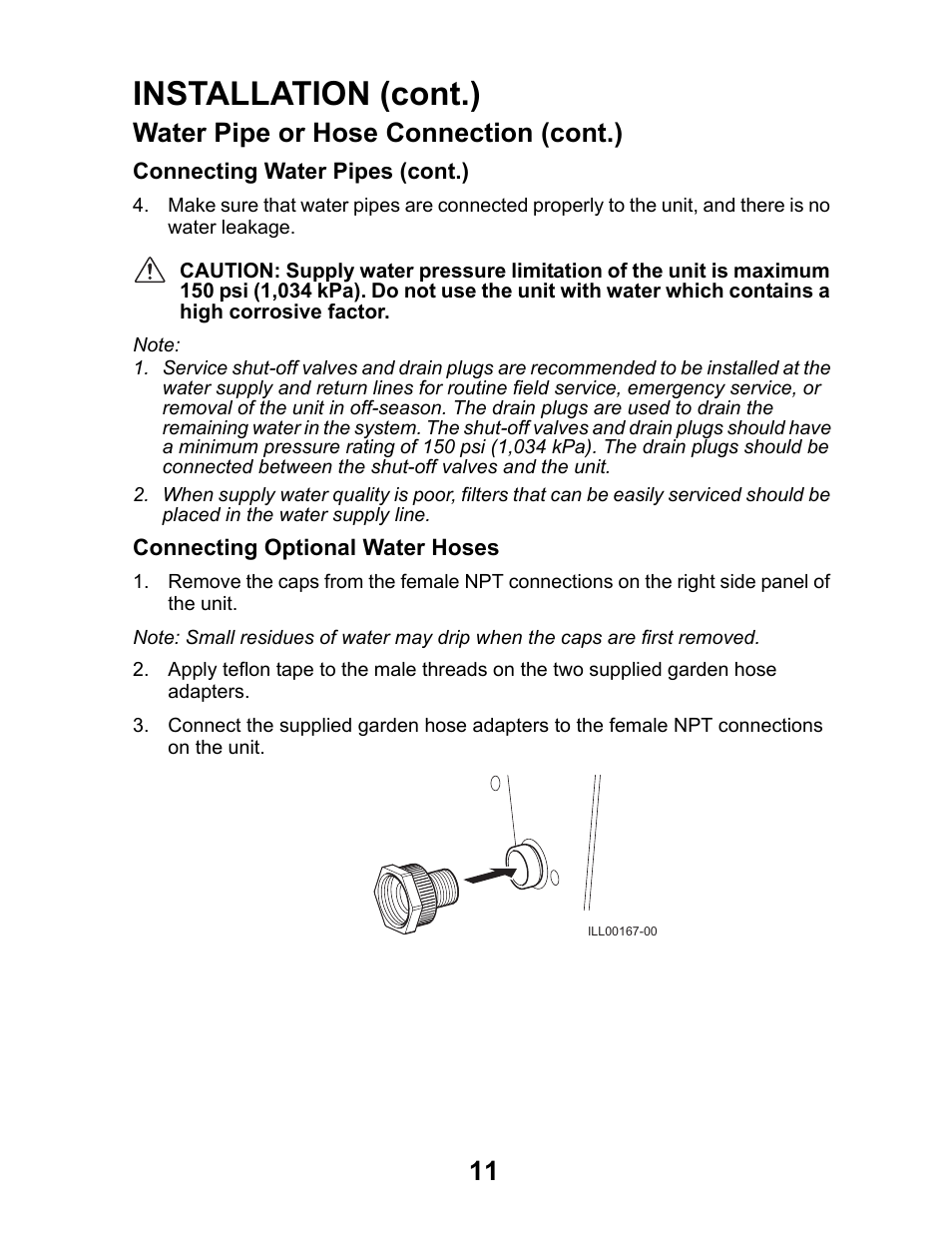 Installation (cont.), Water pipe or hose connection (cont.) | MovinCool Office Pro W20 User Manual | Page 11 / 38