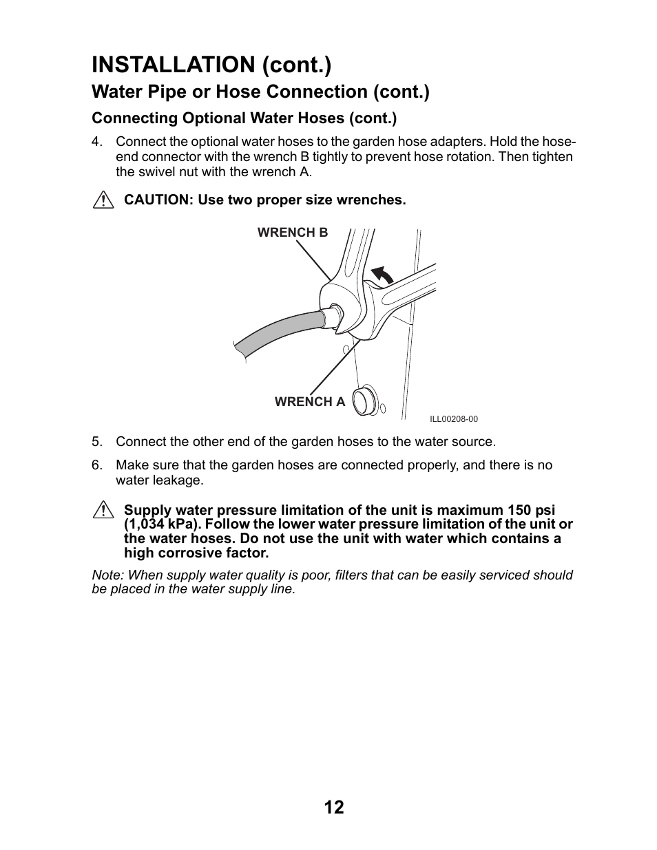 Installation (cont.), Water pipe or hose connection (cont.) | MovinCool Office Pro W20 User Manual | Page 12 / 38