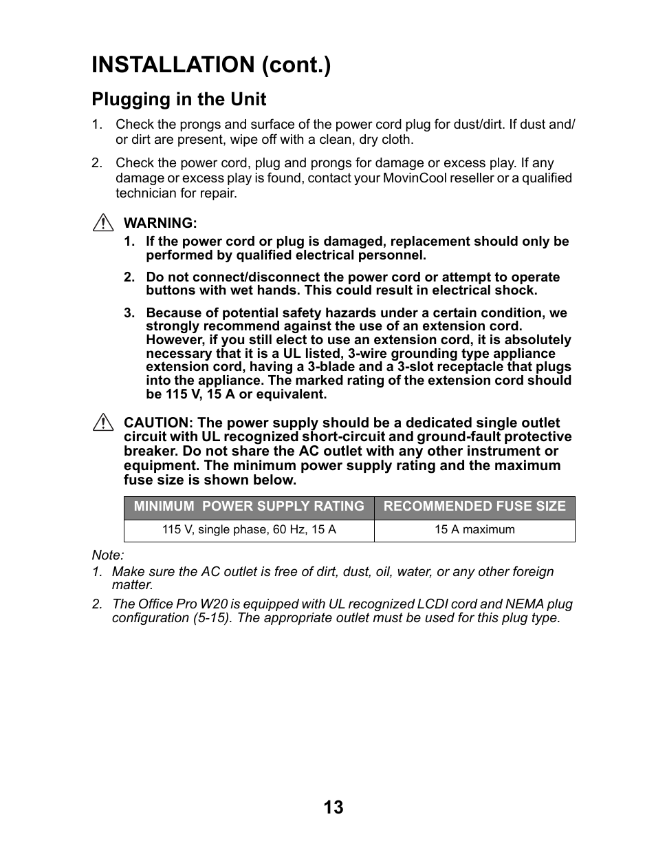 Plugging in the unit, Installation (cont.) | MovinCool Office Pro W20 User Manual | Page 13 / 38