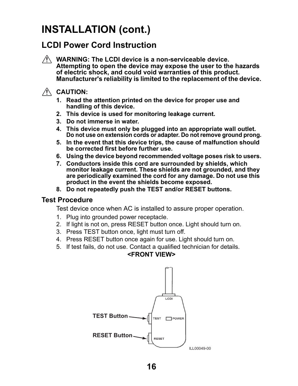 Lcdi power cord instruction, Installation (cont.) | MovinCool Office Pro W20 User Manual | Page 16 / 38
