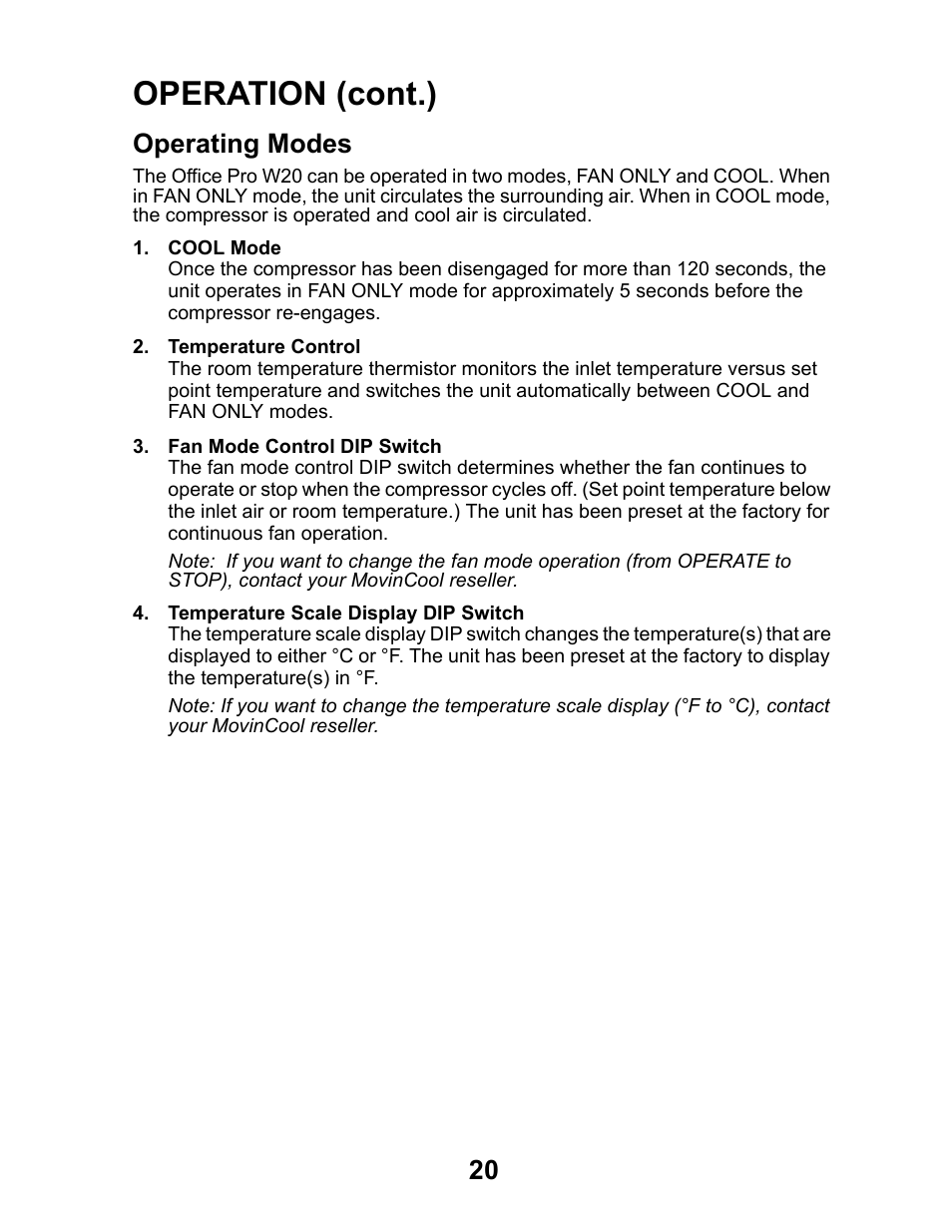 Operating modes, Operation (cont.) | MovinCool Office Pro W20 User Manual | Page 20 / 38
