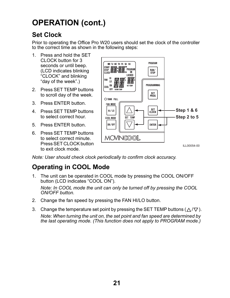 Set clock, Operating in cool mode, Set clock operating in cool mode | Operation (cont.) | MovinCool Office Pro W20 User Manual | Page 21 / 38