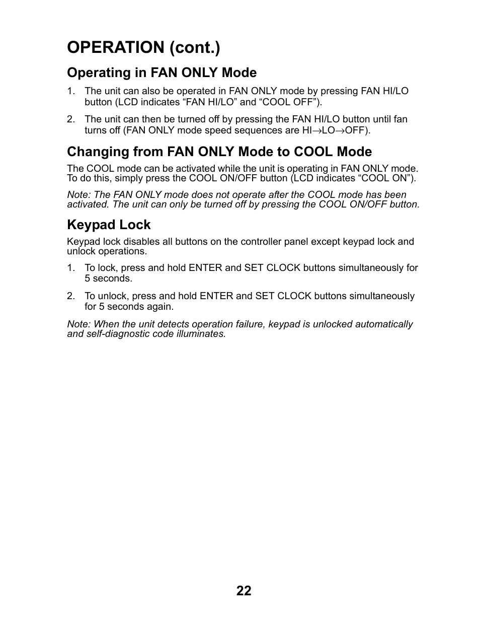 Operating in fan only mode, Changing from fan only mode to cool mode, Keypad lock | Operation (cont.) | MovinCool Office Pro W20 User Manual | Page 22 / 38