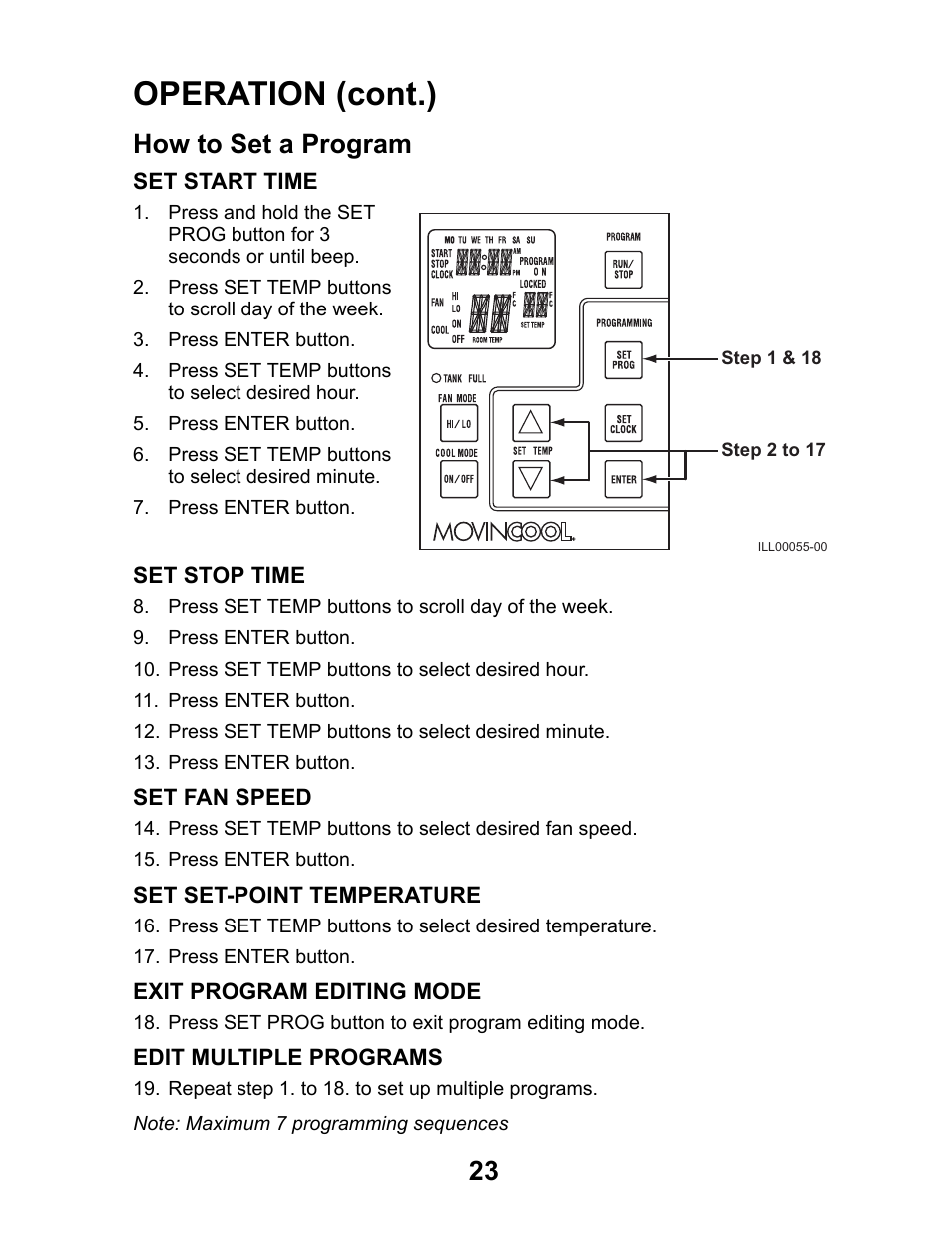 How to set a program, Operation (cont.) | MovinCool Office Pro W20 User Manual | Page 23 / 38
