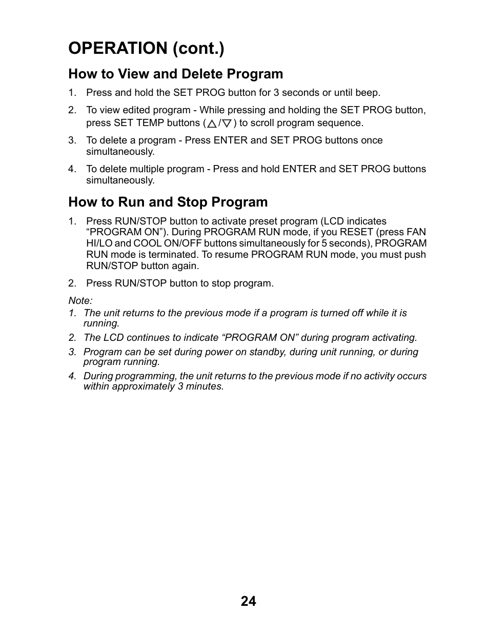 How to view and delete program, How to run and stop program, Operation (cont.) | MovinCool Office Pro W20 User Manual | Page 24 / 38