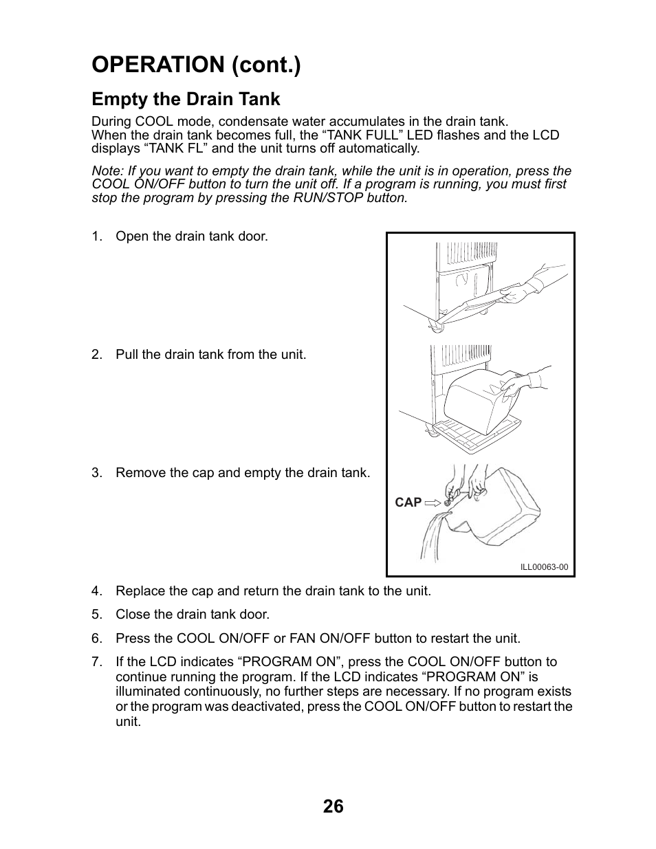 Empty the drain tank, Operation (cont.) | MovinCool Office Pro W20 User Manual | Page 26 / 38