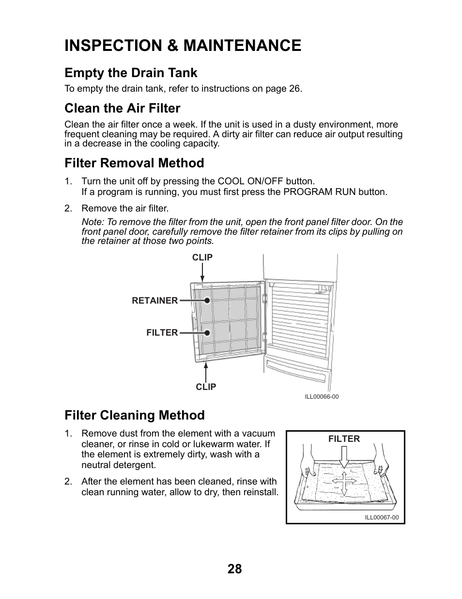 Inspection & maintenance, Empty the drain tank, Clean the air filter | Filter removal method, Filter cleaning method | MovinCool Office Pro W20 User Manual | Page 28 / 38