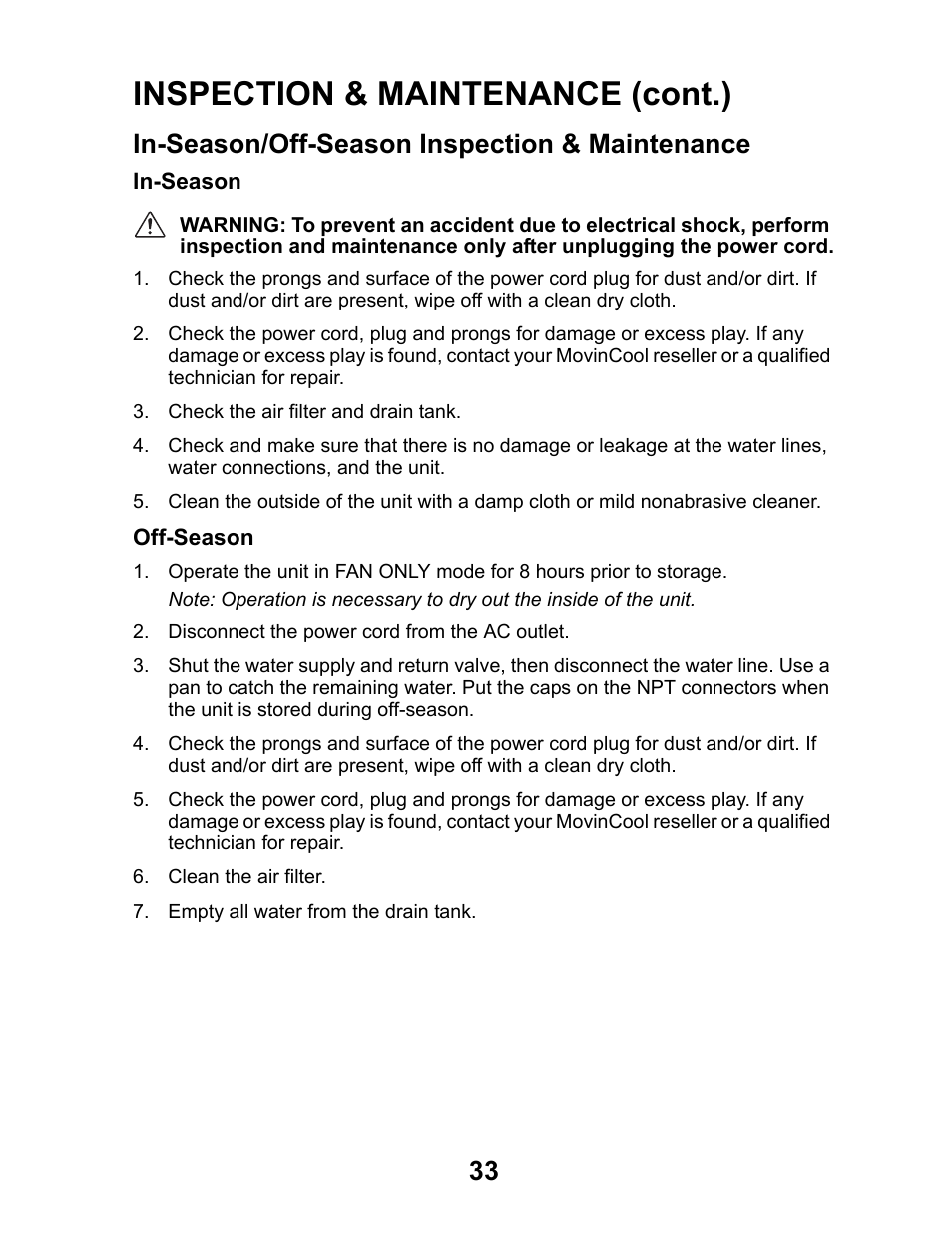 In-season/off-season inspection & maintenance, Inspection & maintenance (cont.) | MovinCool Office Pro W20 User Manual | Page 33 / 38