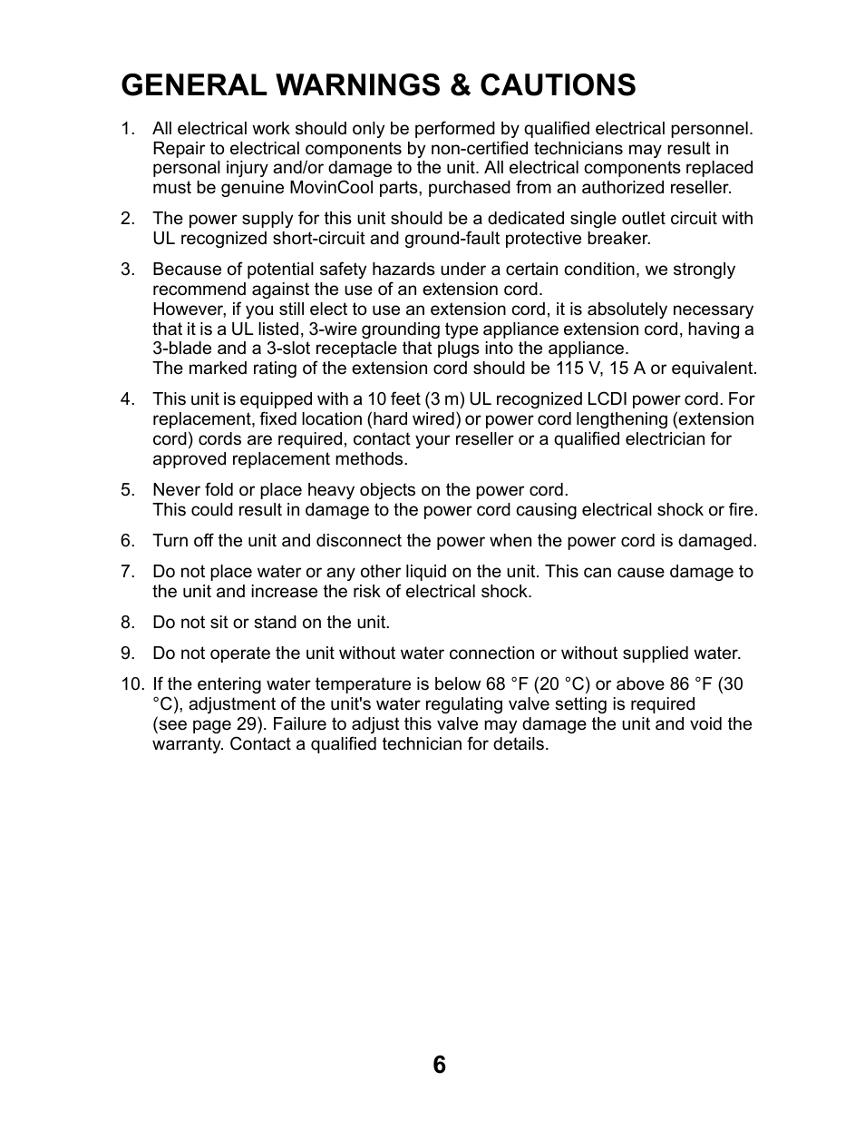 General warnings & cautions | MovinCool Office Pro W20 User Manual | Page 6 / 38