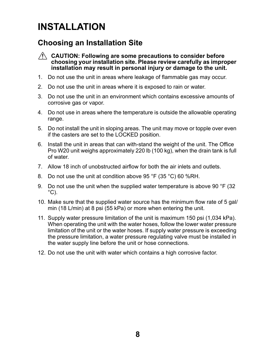 Installation, Choosing an installation site | MovinCool Office Pro W20 User Manual | Page 8 / 38