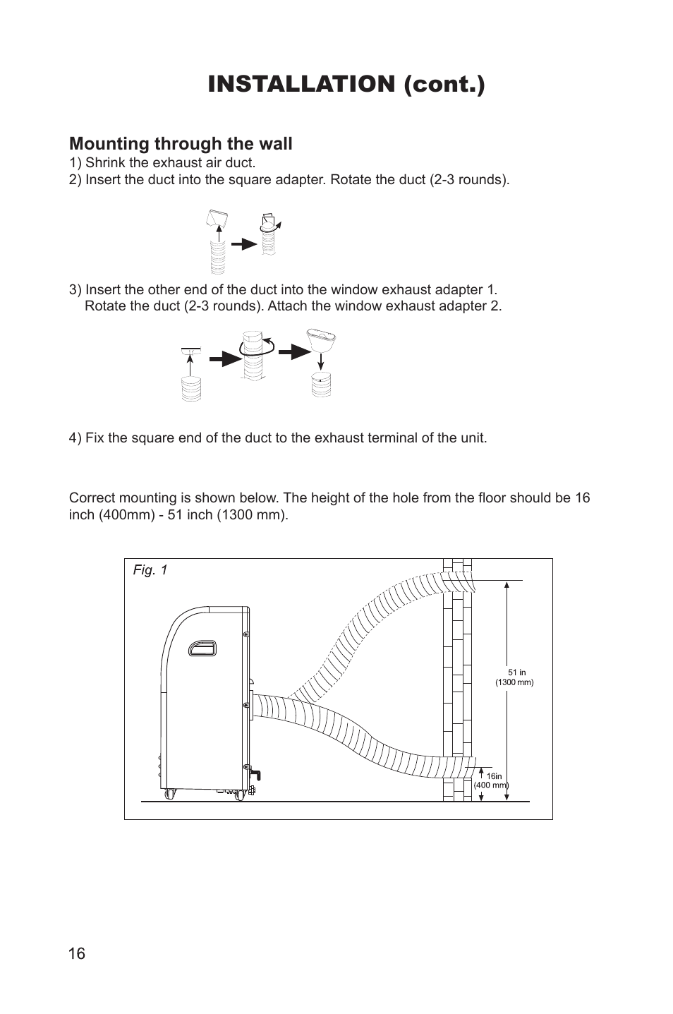 Exhaust air duct (mounting through the wall, Installation (cont.), Mounting through the wall | MovinCool PC7 User Manual | Page 16 / 22