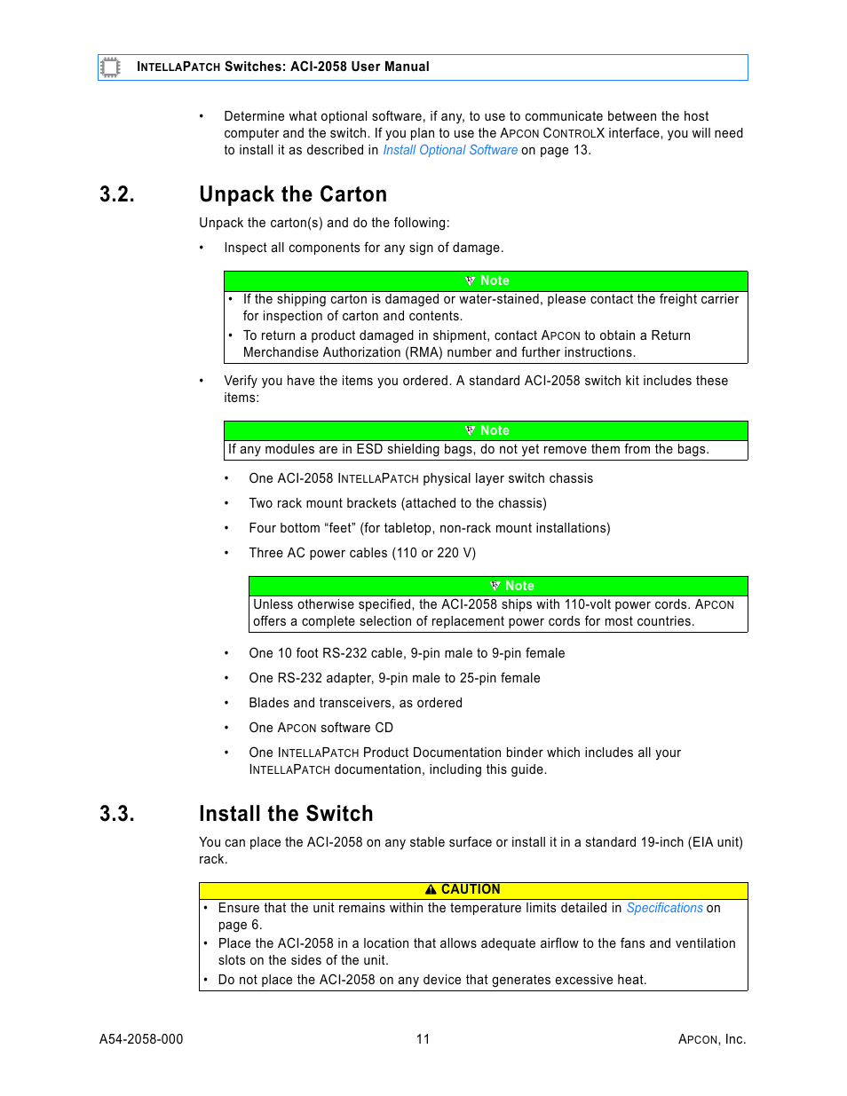 Unpack the carton, Install the switch | MultiDyne ACI-2058 User Manual | Page 15 / 200