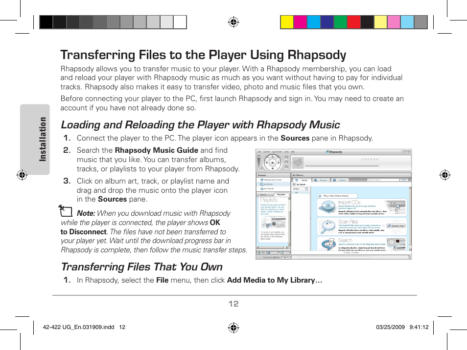 Transferring files to the player using rhapsody, Transferring files that you own | MyMusix 42-422 User Manual | Page 12 / 48