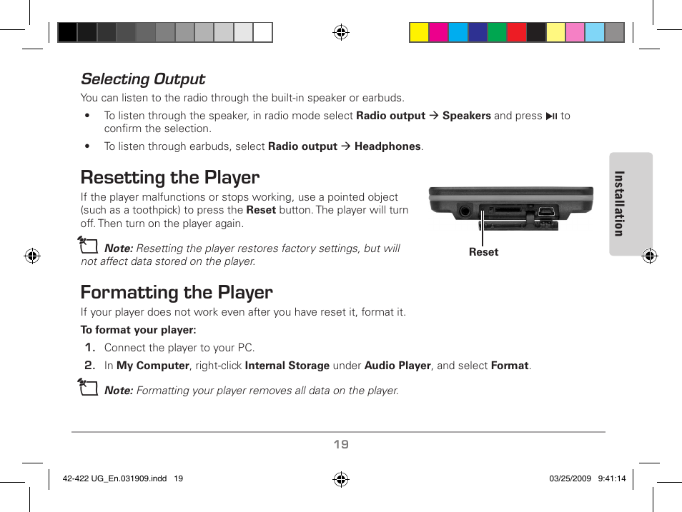 Selecting output, Resetting the player formatting the player, Resetting the player | Formatting the player | MyMusix 42-422 User Manual | Page 19 / 48