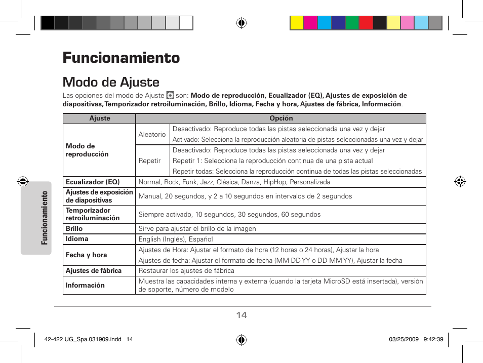 Funcionamiento, Modo de ajuste | MyMusix 42-422 User Manual | Page 38 / 48