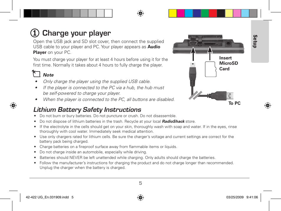 Lithium battery safety instructions, Charge your player | MyMusix 42-422 User Manual | Page 5 / 48