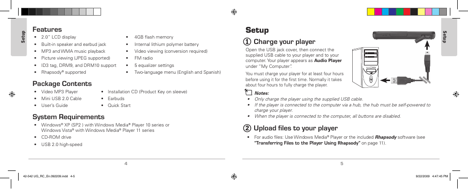 Features, Package contents, System requirements | Setup, 1 charge your player, 2 upload files to your player, Features package.contents system.requirements, Charge.your.player 2.upload.files.to.your.player, Charge your player, Upload files to your player | MyMusix 42-542 User Manual | Page 3 / 14
