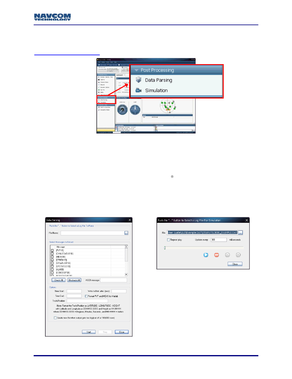 Post processing menu, Data parsing, Simulation | Figure 19: post processing menu, Figure 20: data parsing and simulation windows, Post, Processing | NavCom StarUtil-3000 Rev.A User Manual | Page 25 / 119