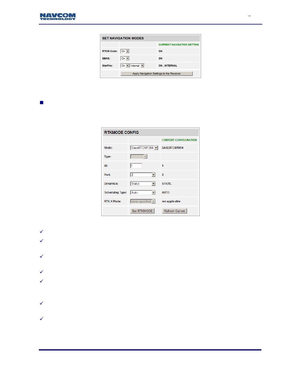 Figure 63: navigation modes screen, Figure 64: rtk mode screen | NavCom SF-3050 Rev.I User Manual | Page 76 / 196