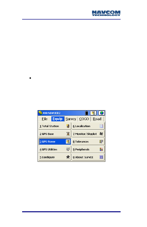 Gps rover setup, Figure 72: equip menu – gps rover | NavCom SF-2040 Rev.C User Manual | Page 112 / 178