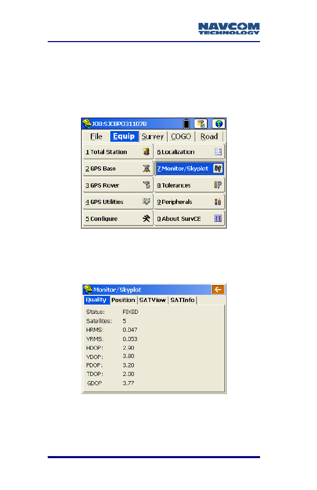 Monitor/skyplot, Figure 80: equip menu – monitor/skyplot, Figure 81: monitor/skyplot submenu – quality | NavCom SF-2040 Rev.C User Manual | Page 120 / 178