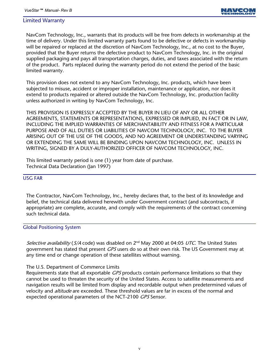 Limited warranty, Usg far, Global positioning system | NavCom VueStar Rev.B User Manual | Page 5 / 13