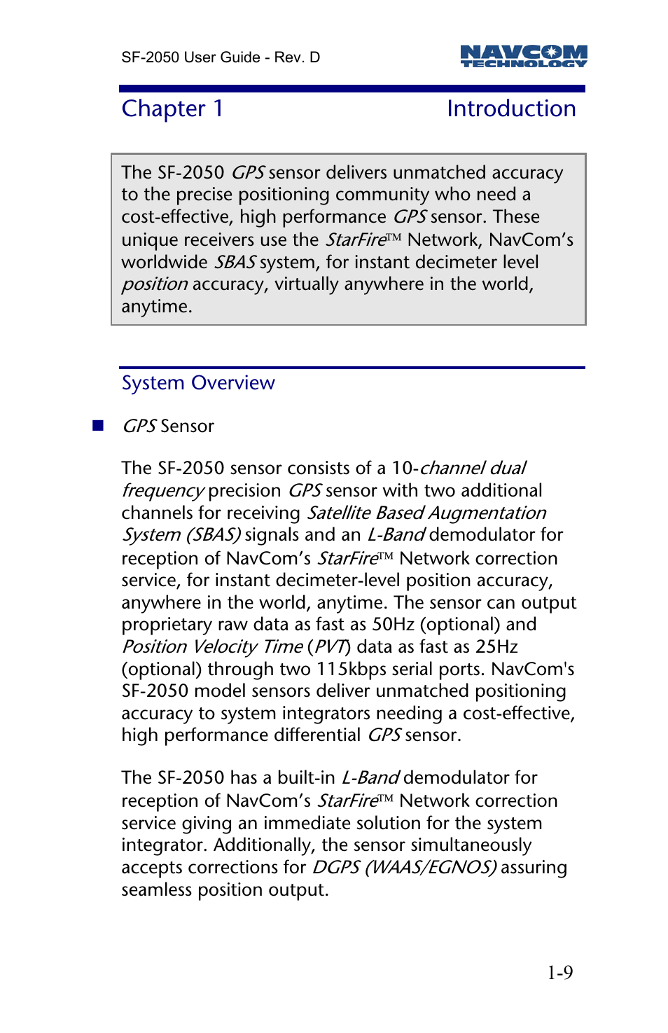 Chapter 1 introduction, System overview | NavCom SF-2050 Rev.D User Manual | Page 11 / 65