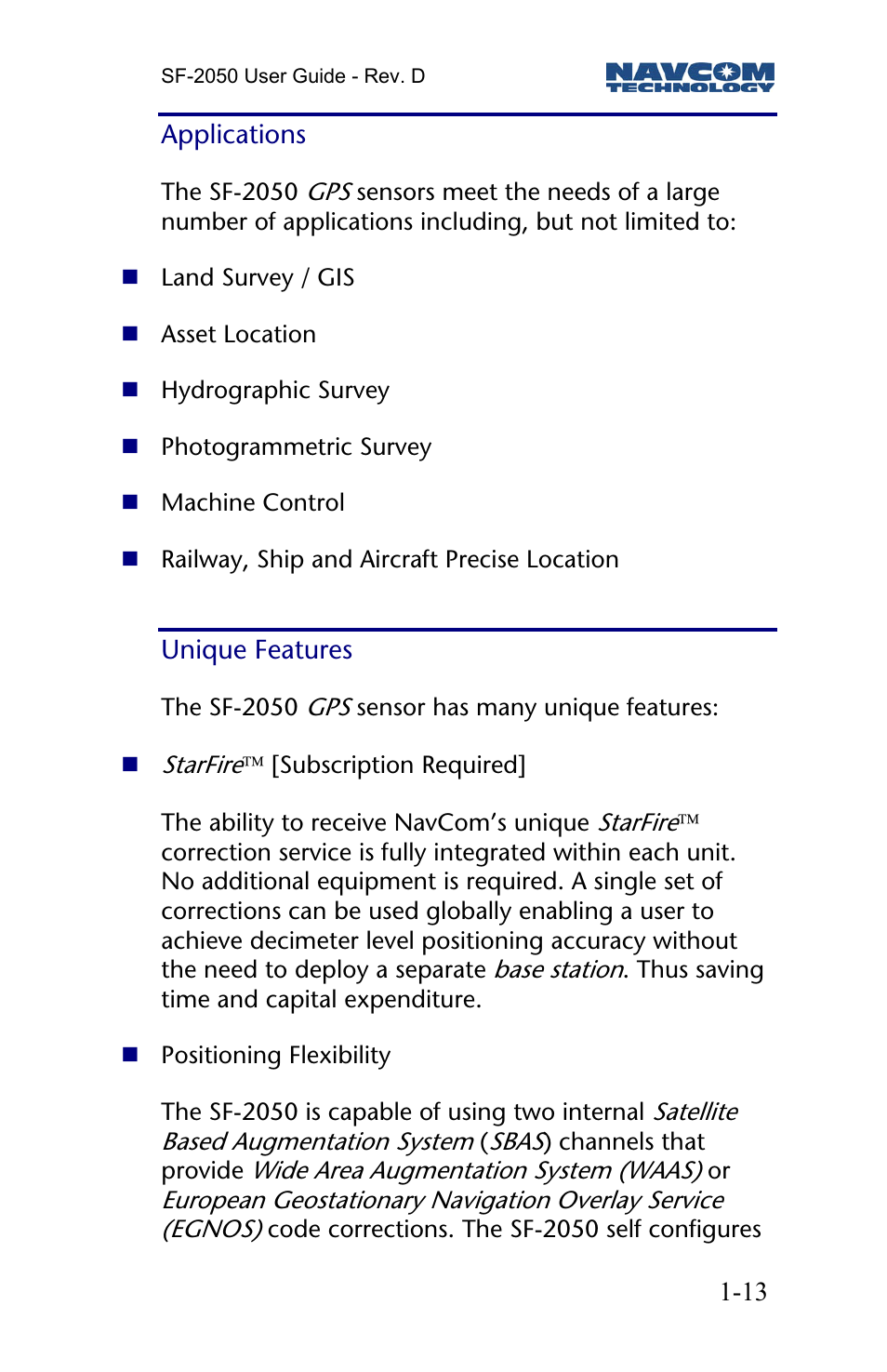 Applications, Unique features | NavCom SF-2050 Rev.D User Manual | Page 15 / 65