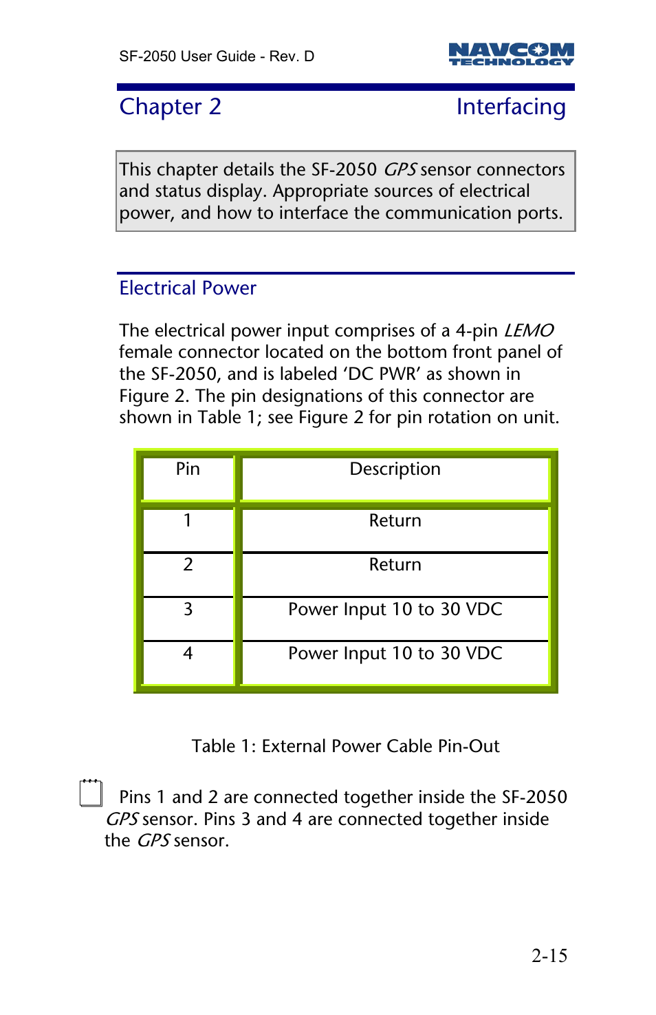 Chapter 2 interfacing, Electrical power, Chapter 2 | Interfacing | NavCom SF-2050 Rev.D User Manual | Page 17 / 65