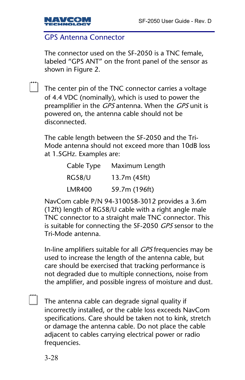 Gps antenna connector | NavCom SF-2050 Rev.D User Manual | Page 30 / 65