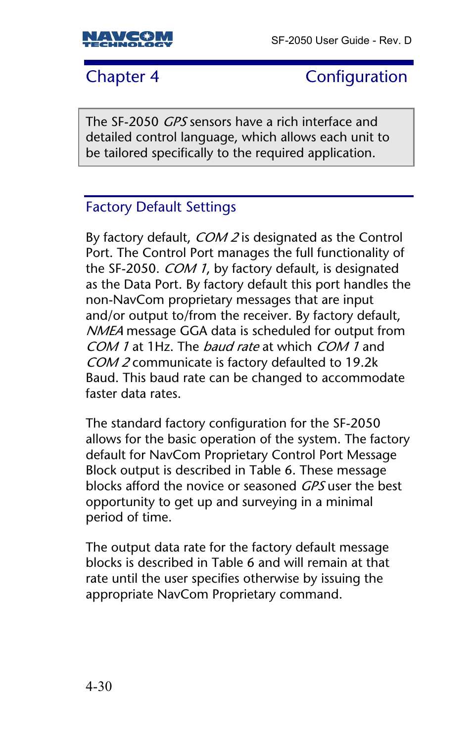 Chapter 4 configuration, Factory default settings, Chapter 4 | Configuration | NavCom SF-2050 Rev.D User Manual | Page 32 / 65