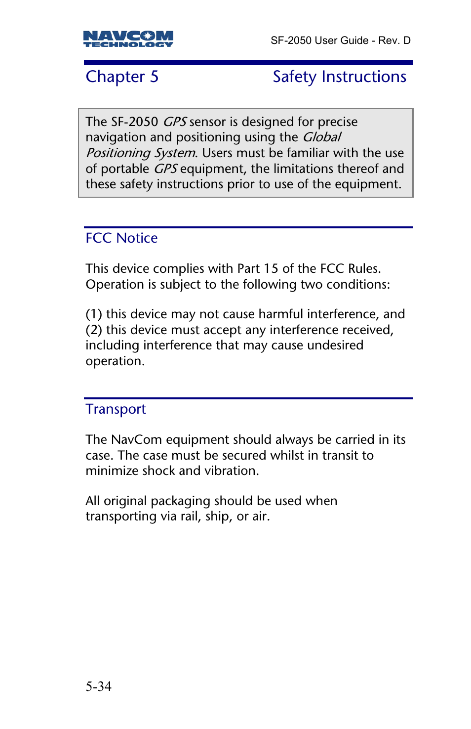 Chapter 5 safety instructions, Fcc notice, Transport | Chapter 5, Safety instructions | NavCom SF-2050 Rev.D User Manual | Page 36 / 65