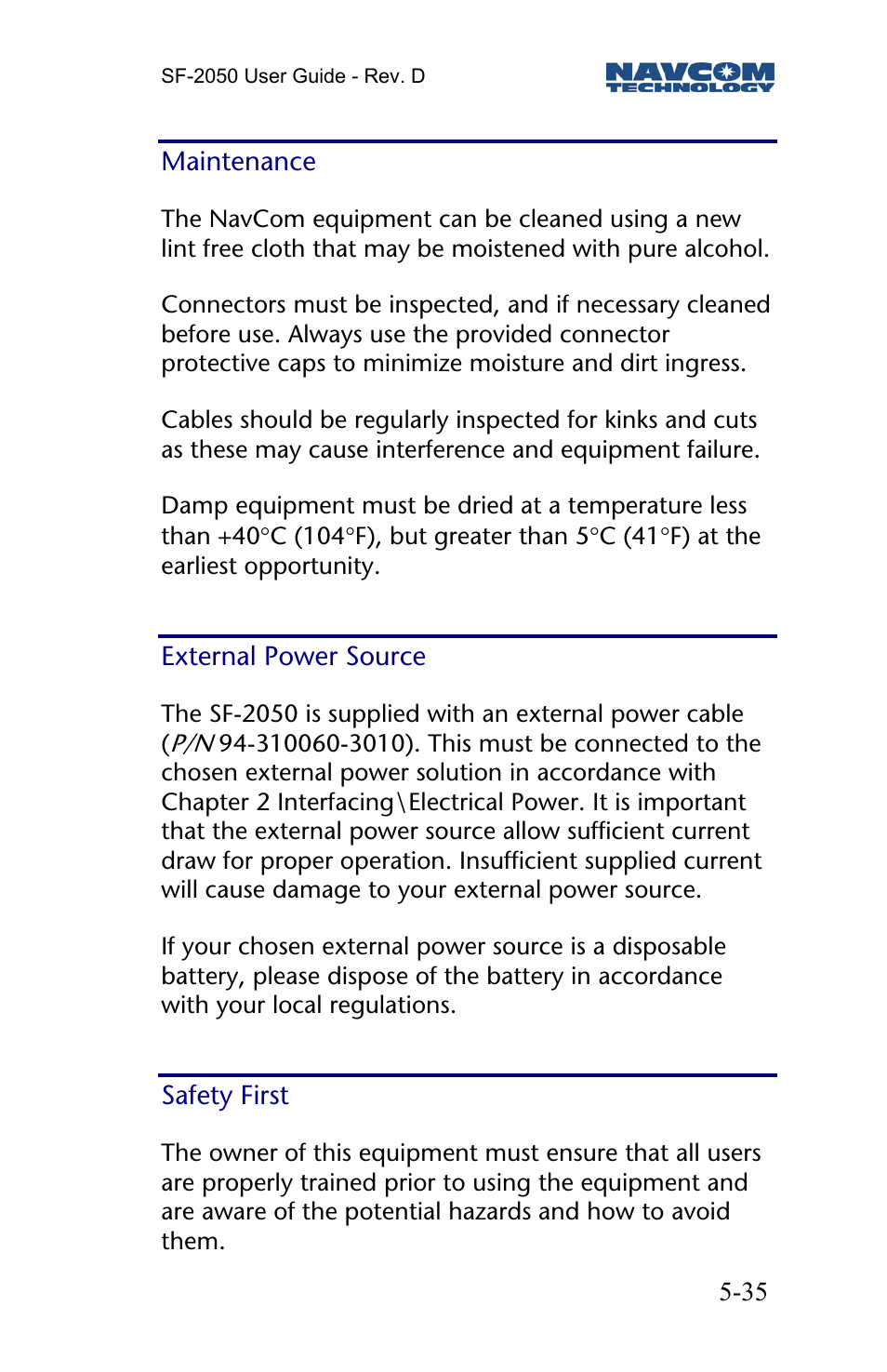 Maintenance, External power source, Safety first | NavCom SF-2050 Rev.D User Manual | Page 37 / 65