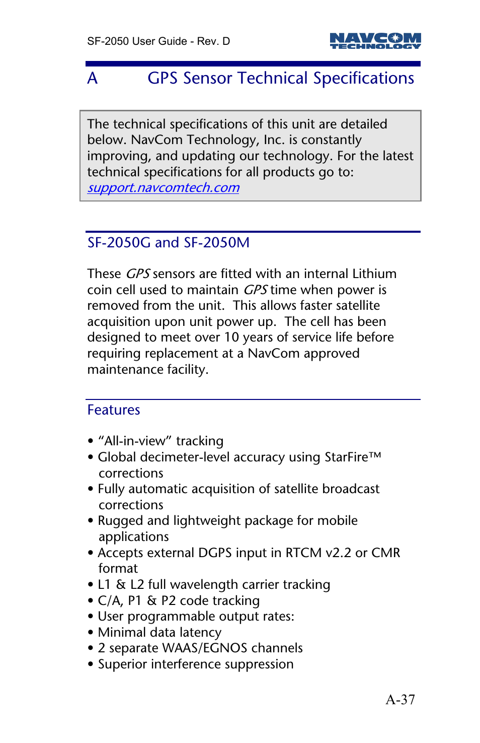 A gps sensor technical specifications, Sf-2050g and sf-2050m, Features | Gps sensor technical specifications, Agps sensor technical specifications | NavCom SF-2050 Rev.D User Manual | Page 39 / 65