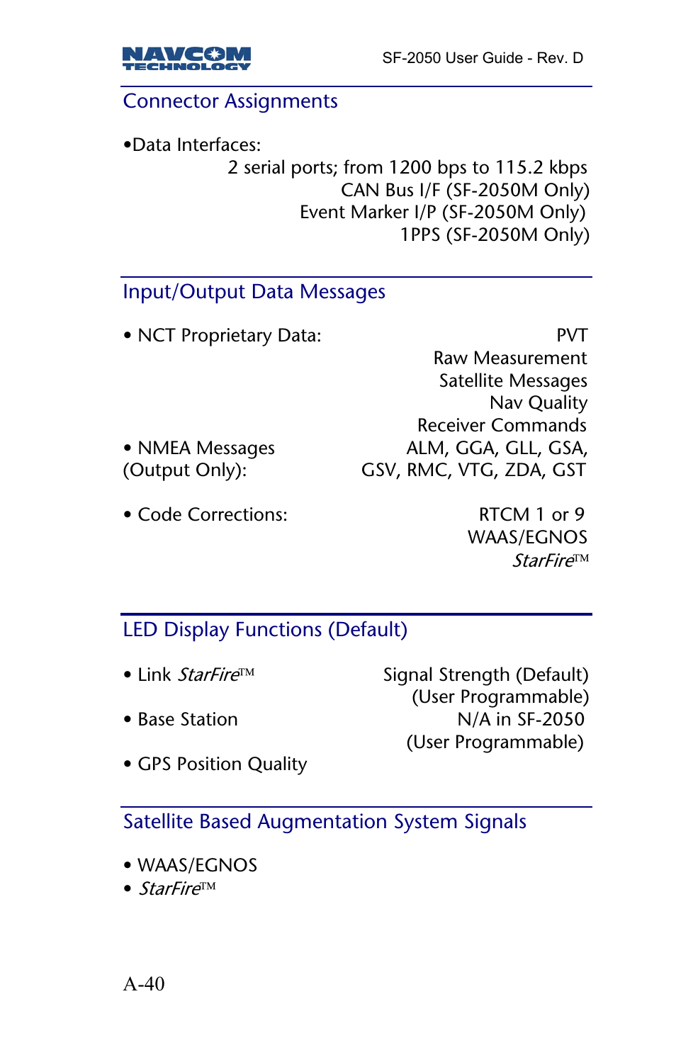 Connector assignments, Input/output data messages, Led display functions (default) | Satellite based augmentation system signals | NavCom SF-2050 Rev.D User Manual | Page 42 / 65