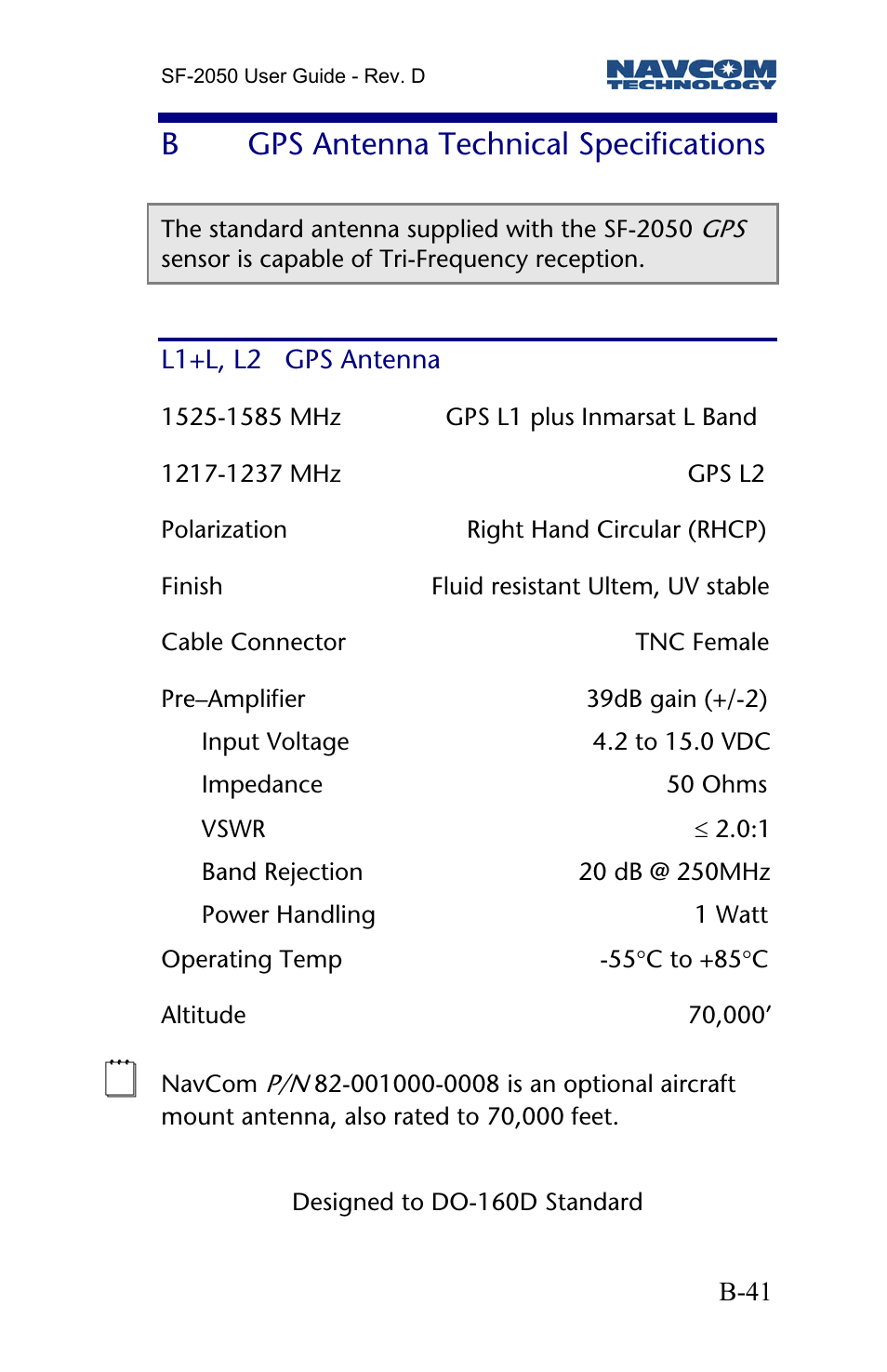 B gps antenna technical specifications, L1+l, l2 gps antenna, Gps antenna technical specifications | Bgps antenna technical specifications | NavCom SF-2050 Rev.D User Manual | Page 43 / 65