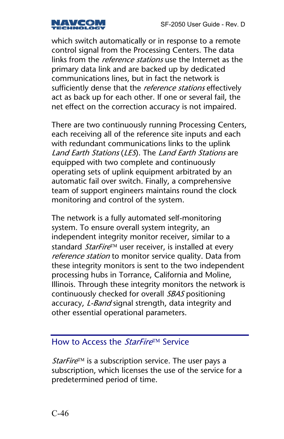 How to access the starfiretm service, How to access the, Starfire | Service | NavCom SF-2050 Rev.D User Manual | Page 48 / 65