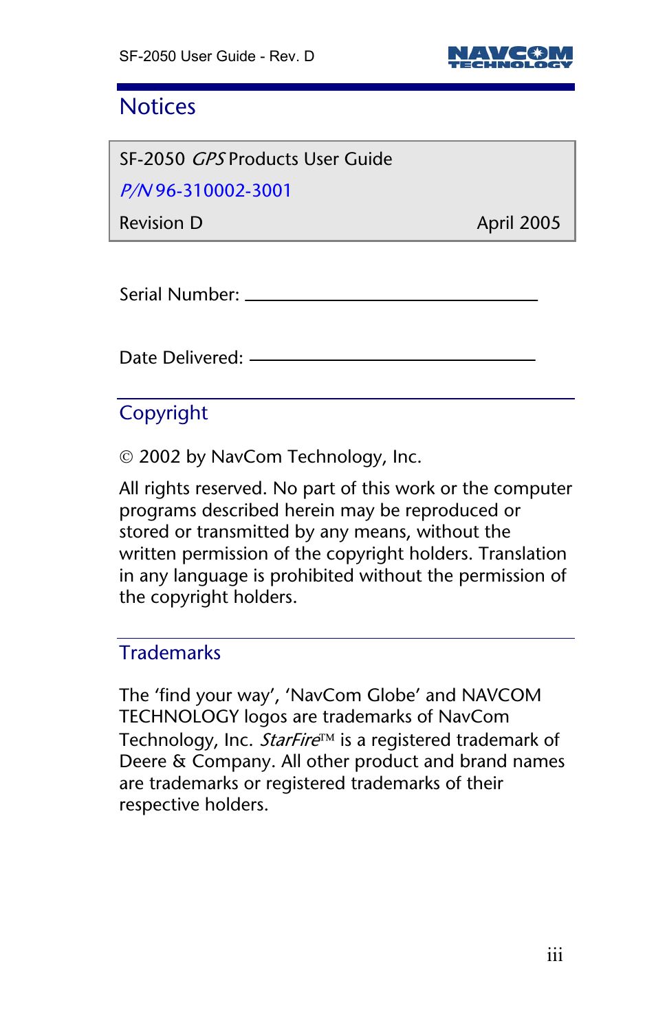 Notices, Copyright, Trademarks | NavCom SF-2050 Rev.D User Manual | Page 5 / 65