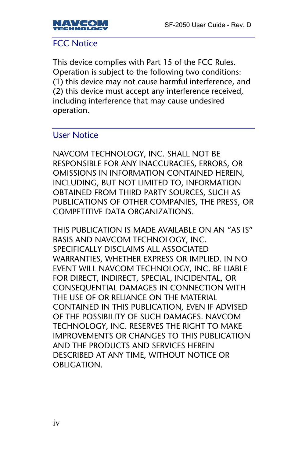 Fcc notice, User notice | NavCom SF-2050 Rev.D User Manual | Page 6 / 65