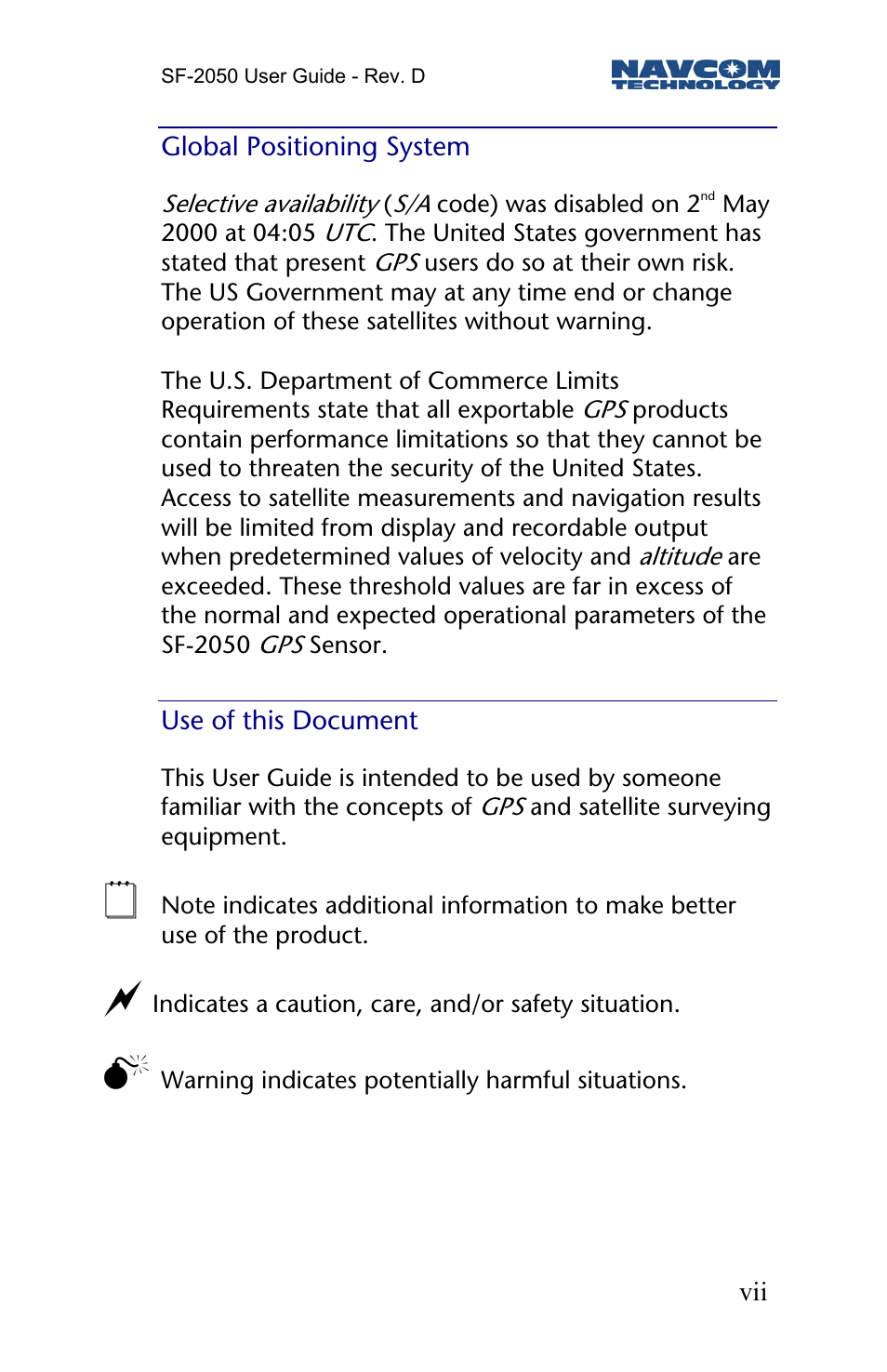 Global positioning system, Use of this document | NavCom SF-2050 Rev.D User Manual | Page 9 / 65