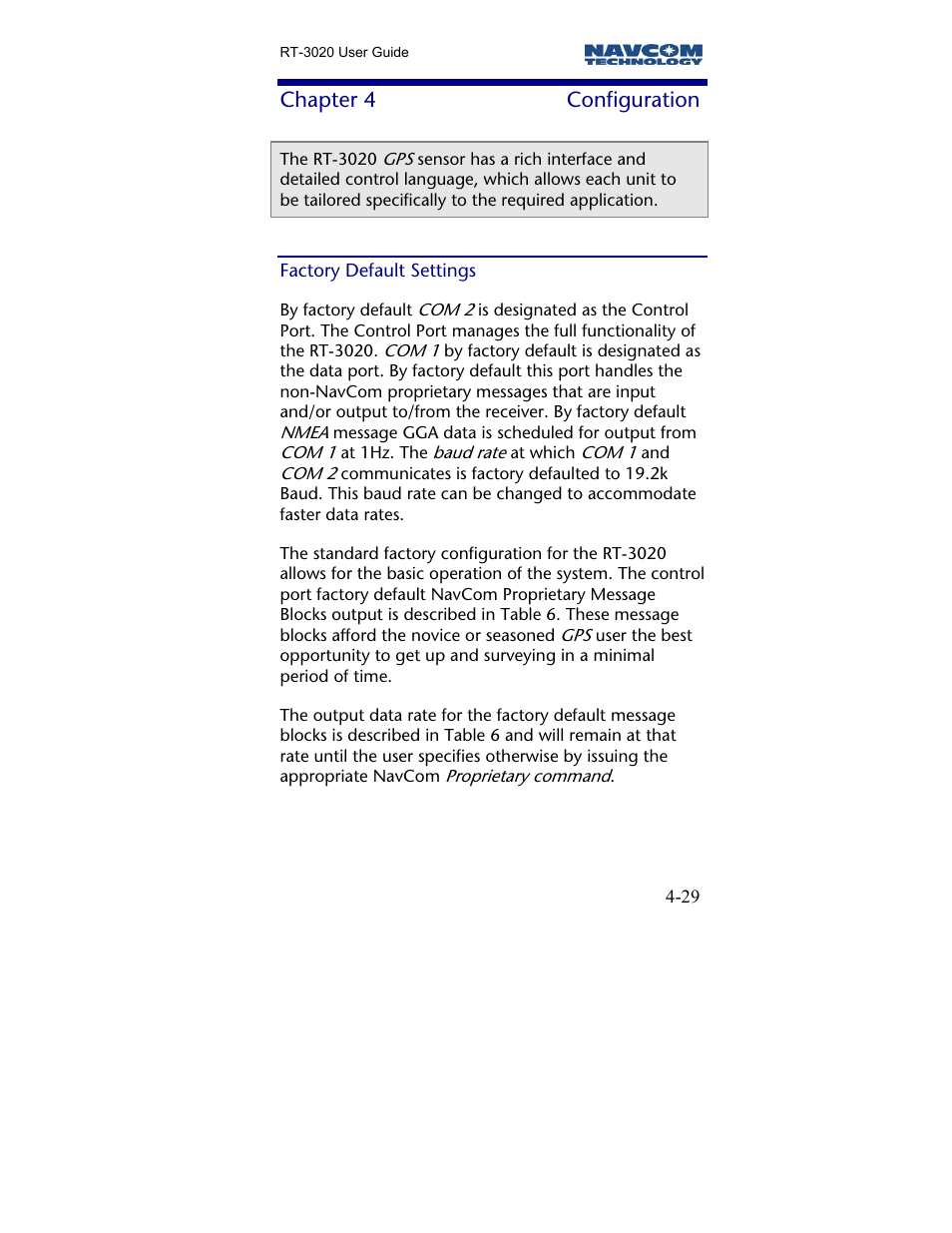 Chapter 4 configuration, Factory default settings, Chapter 4 | Configuration | NavCom RT-3020 Rev.A User Manual | Page 31 / 56