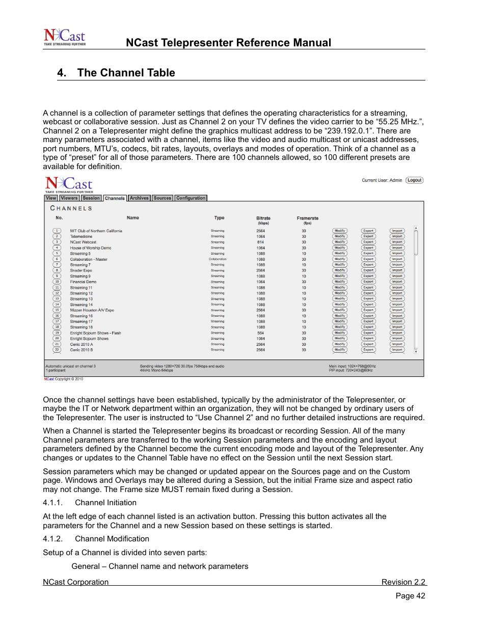 The channel table, Channel settings | NCast Telepresenter M4 User Manual | Page 42 / 107