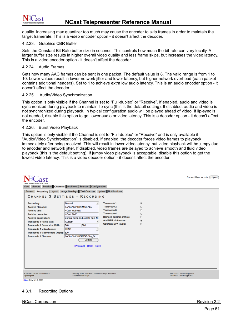 Channel settings - recording, Ncast telepresenter reference manual | NCast Telepresenter M4 User Manual | Page 51 / 107