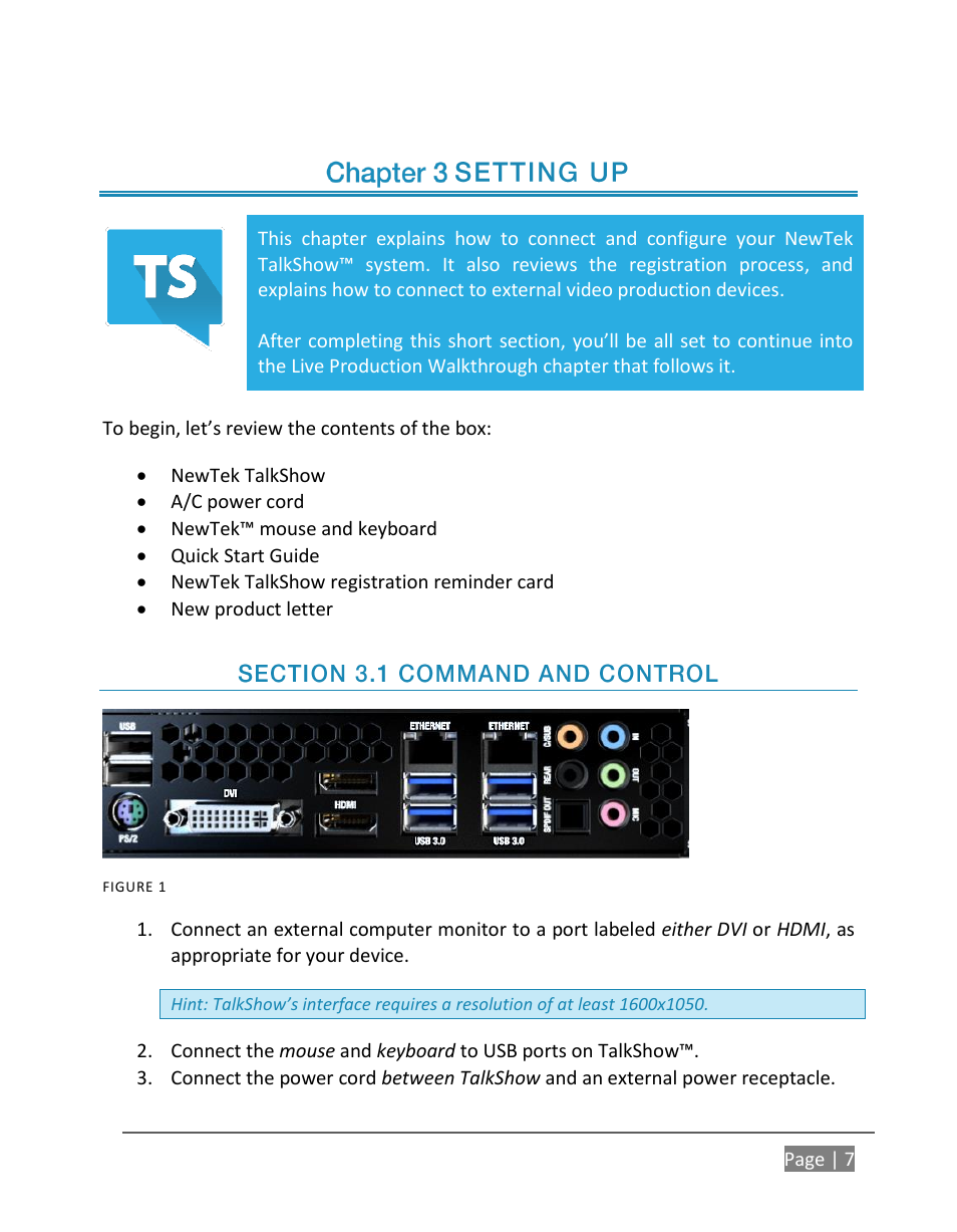 Setting up, Ection, Ommand and | Ontrol | NewTek TalkShow VS-100 User Manual | Page 15 / 101