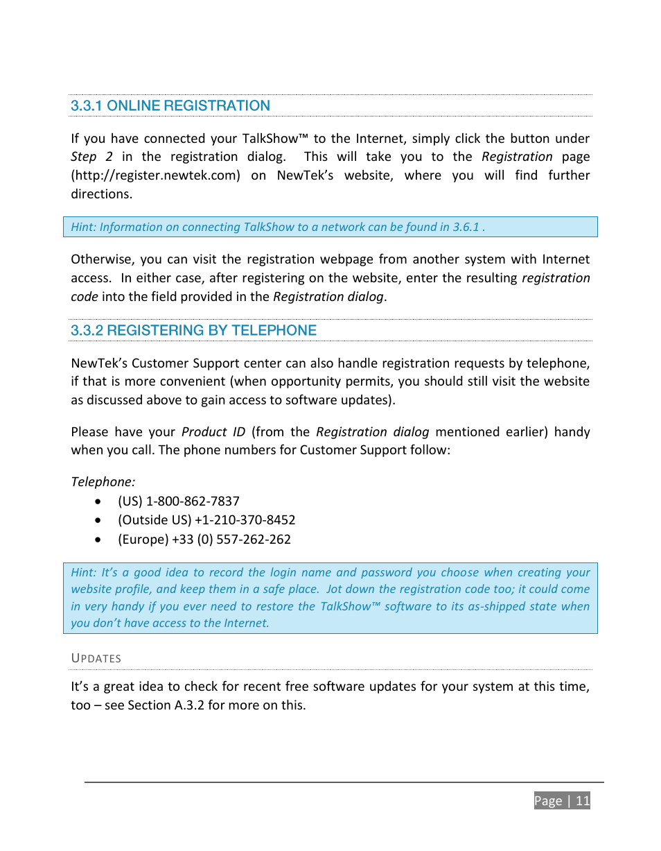 1 online registration, 2 registering by telephone | NewTek TalkShow VS-100 User Manual | Page 19 / 101