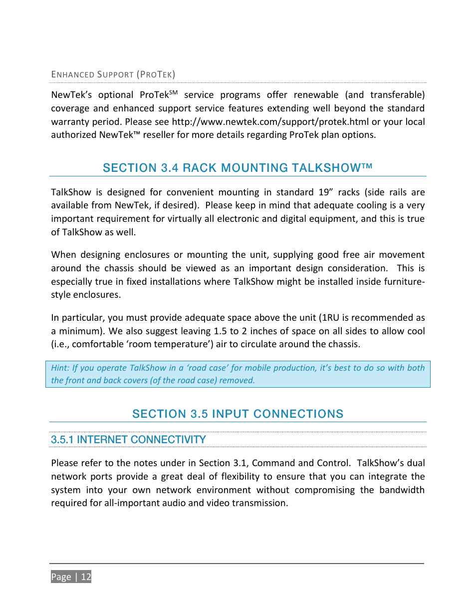 Ection, Ounting, Nput | Onnections, 1 internet connectivity | NewTek TalkShow VS-100 User Manual | Page 20 / 101